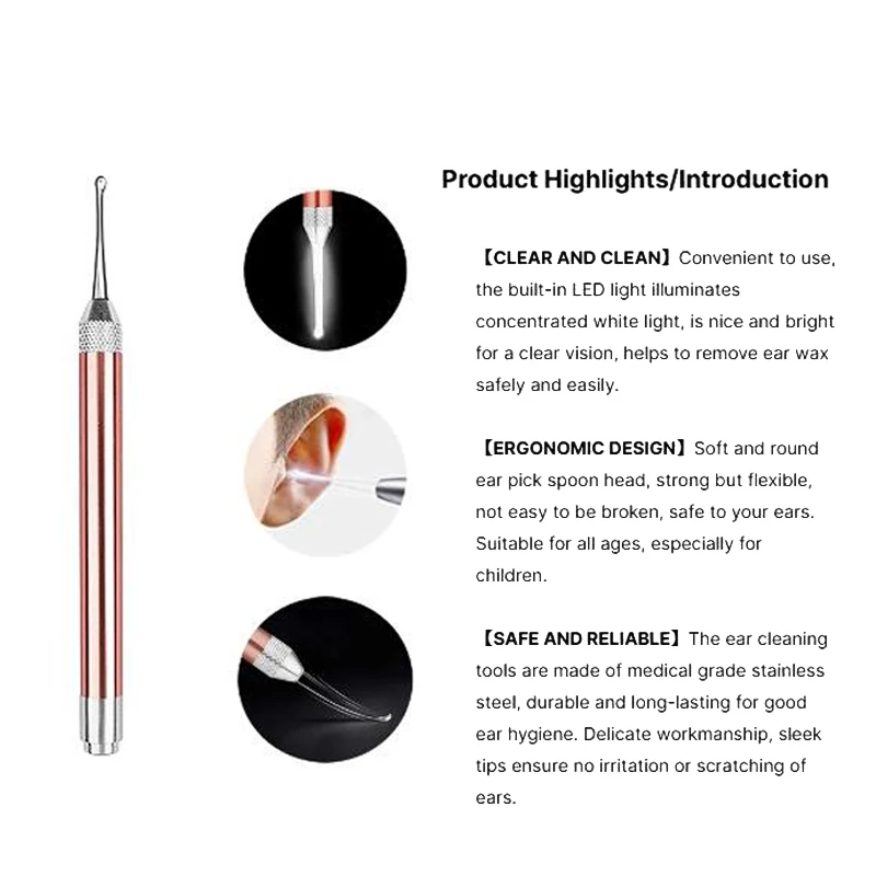 LED Penlight Torch Flashlight Otoscope Tool Earwax Removal Ear Wax Visual Spoon Earpick Cleaning Endoscope Light for Adult Baby