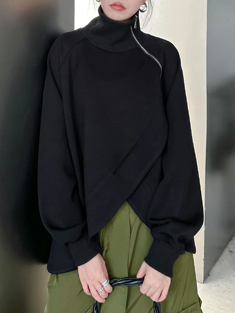 [EAM] Black Zipper Irregular Sweatshirt New Turtleneck Long Sleeve Women Big Size Fashion Tide Spring Autumn 2023 1DH7166