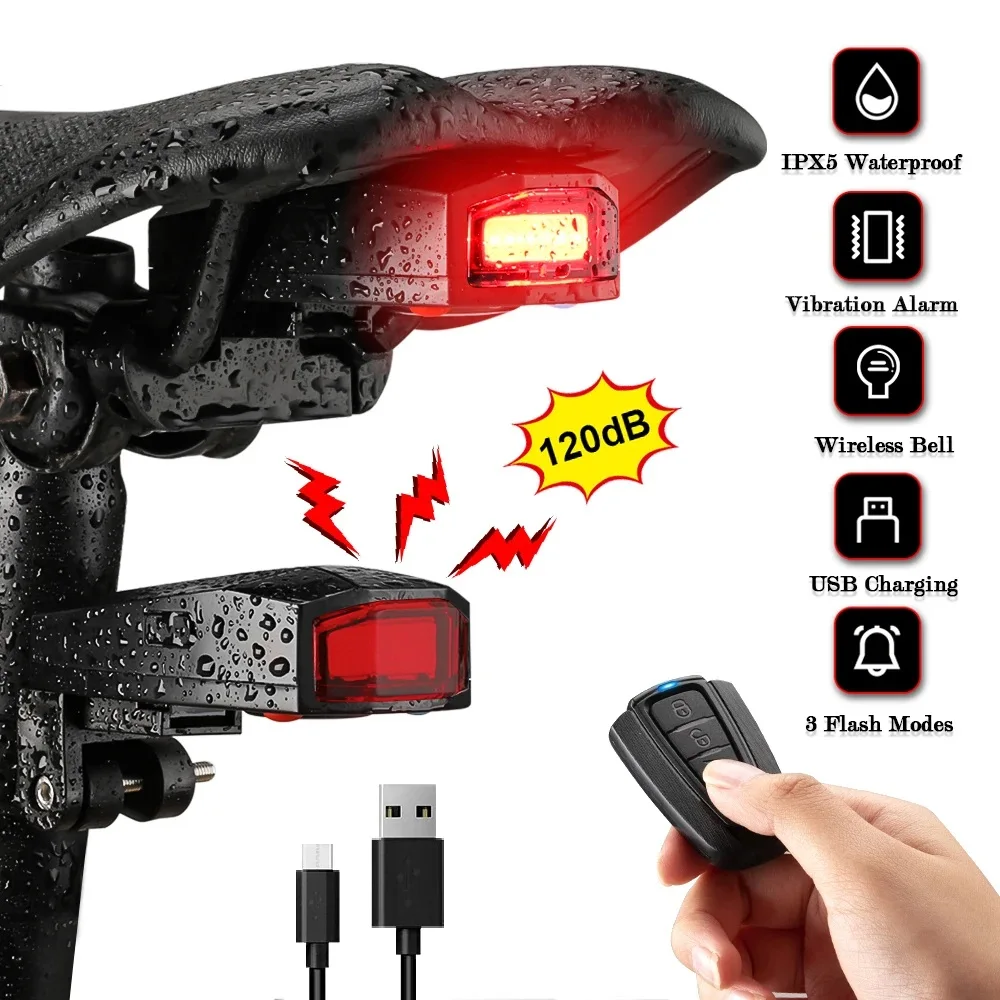 Wireless Anti-theft Bike Alarm Bicycle Tail Lights Rechargeable 120dB Smart Brake Light IPX5 Waterproof Rear Lamp Bike Finder