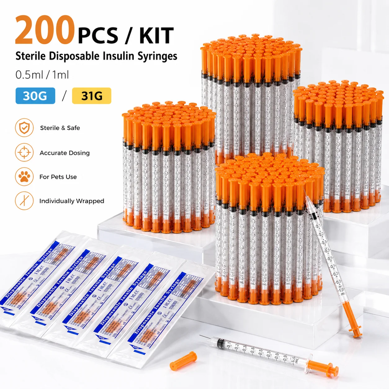 100/200 PCS Sterile Disposable Insulin Injection Syringe Multi Sizes 0.5ml/1ml Individually Wrapped Portable Injector