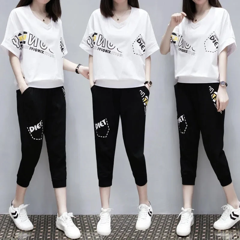 Large size Loose Summer Sports Two Piece Sets Women Short Sleeve T-shirt & Pants Student Sportswear Suit Woman Casual Tracksuits