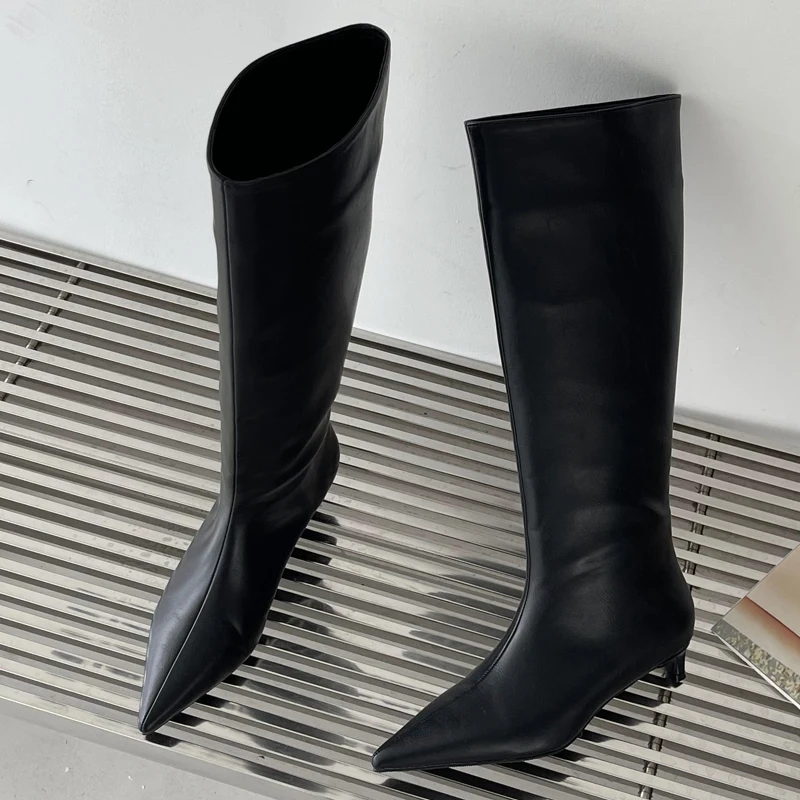 Eilyken High Quality Soft Leather Pointed Toe Knee-High Boots Woman Cosy Slip-On Low Heels Spring Autumn Ladies Shoes