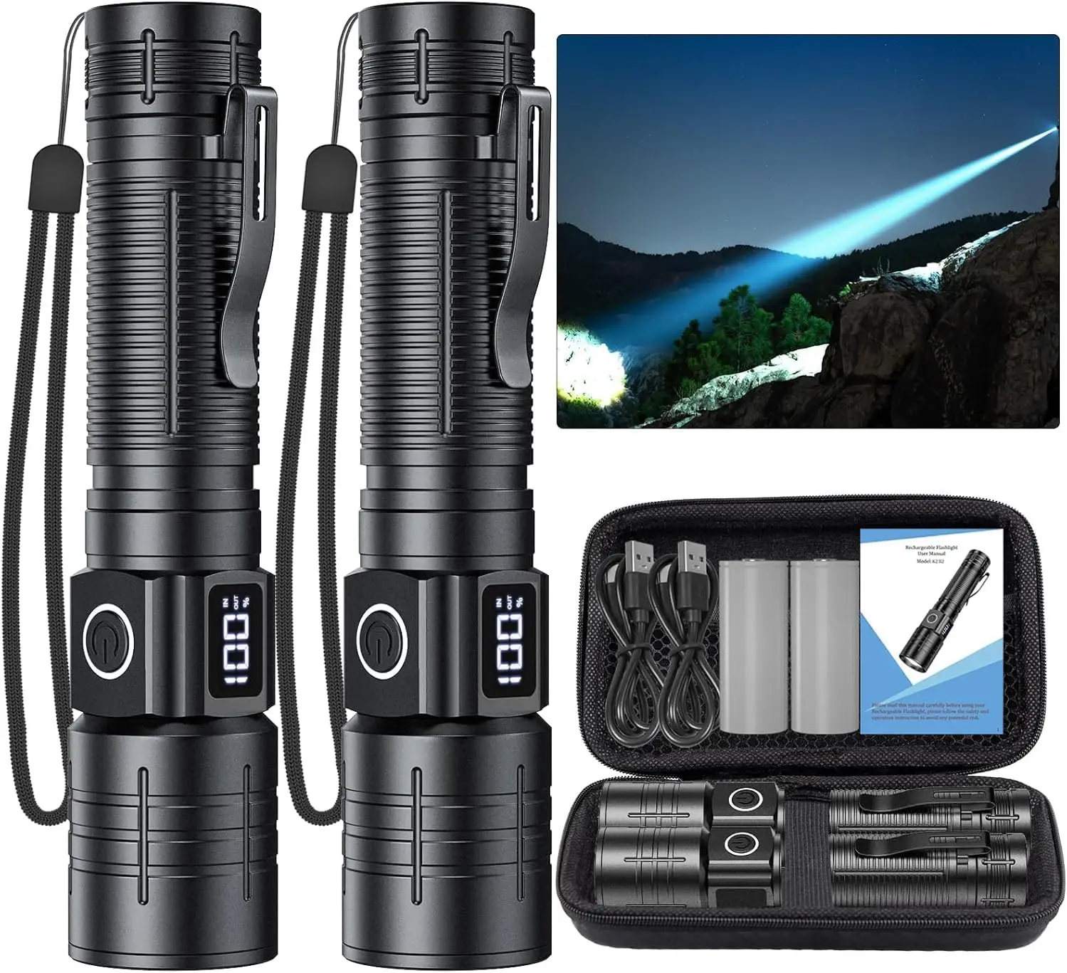 

LED Flashlight, High Powered High Lumens Super Bright Flashlight, Rechargeable Flashlights High Lumens, 6 Modes ZoomableCamping,