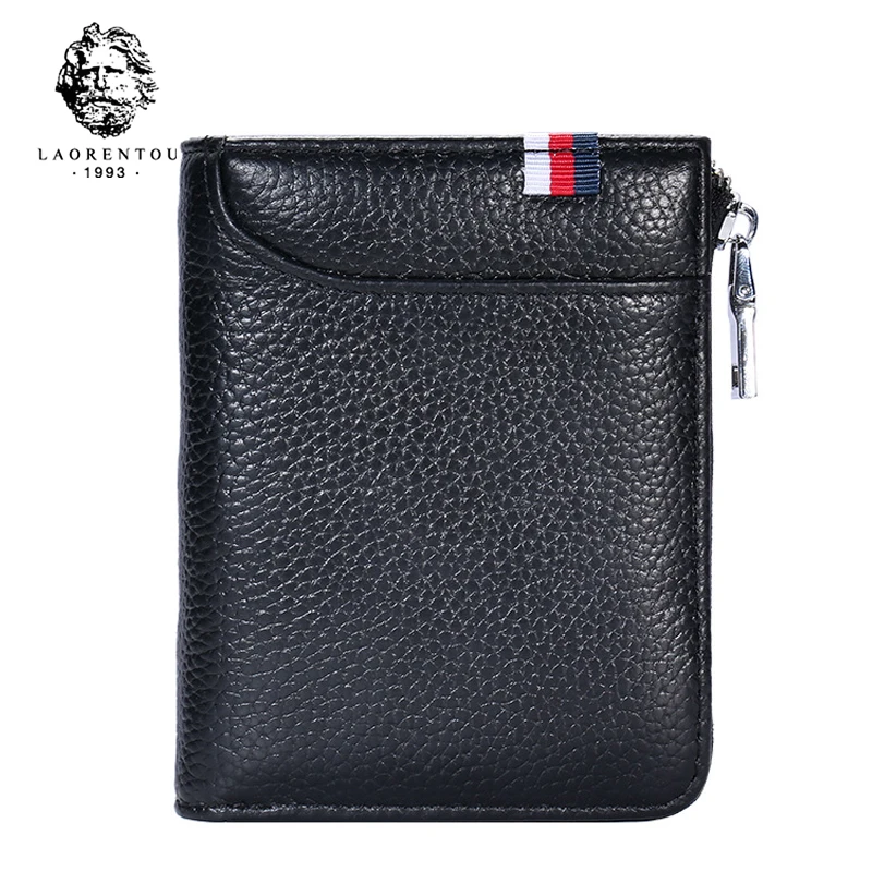 LAORENTOU Genuine Leather RFID Men's Wallet Classic Cowhide Zipper Card Holder
