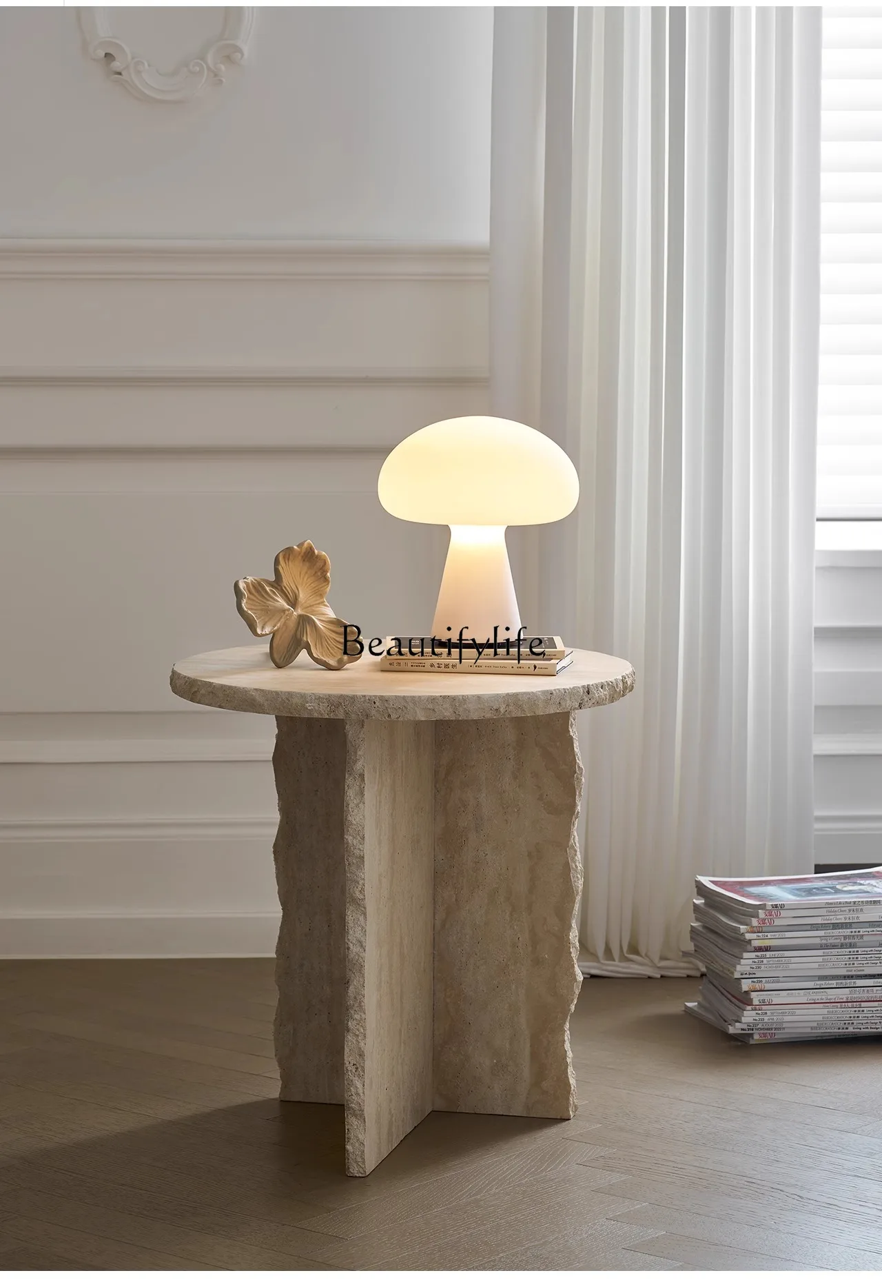 Natural travertine coffee table household small apartment villa high-end round marble edge table