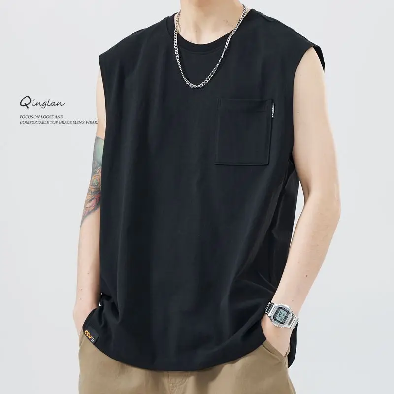Camiseta sin mangas informal holgada de estilo americano para hombre, top corto negro sin hombreras de moda de verano, fibra de poliéster juvenil
