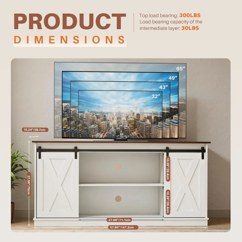 حامل تلفزيون للتلفزيونات حتى 65 بوصة مركز ترفيه المزرعة مع خزائن تخزين أبواب الحظيرة المنزلقة الحديثة #3
