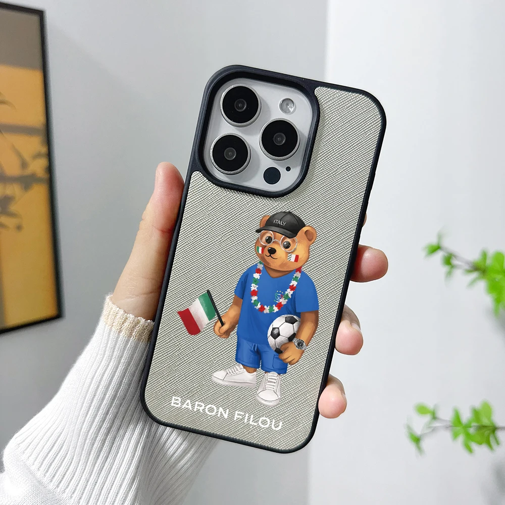 BARON FILOU BEAR جراب هاتف آيفون 16 15 14 plus 13 12 11 pro max غطاء فاخر متقاطع من الجلد فوندا إيطاليا لكرة القدم