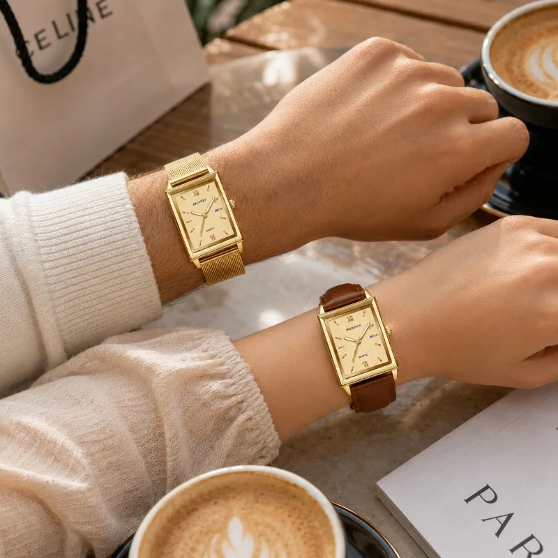 2Pcs Matching Rectangle Couple Quartz Watch Calendar Roman Numeral Dial Leather Strap & Mesh Bracelet Lovers Wristwatch Gift