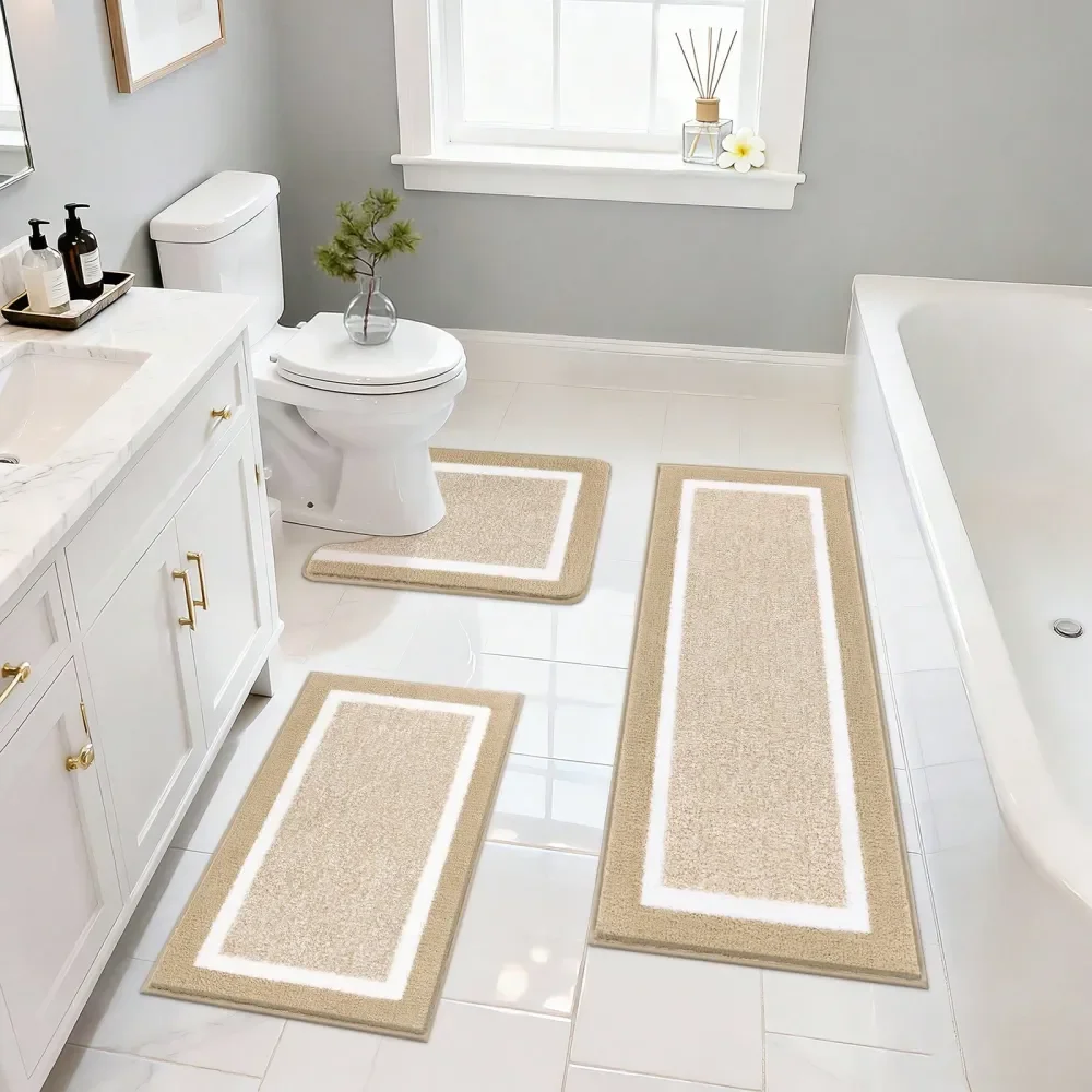 

Набор из 3-х ультрамягких нескользящих ковриков для ванной комнаты из микрофибры с ворсом, впитывающий влагу, с U-образным ковриком для унитаза