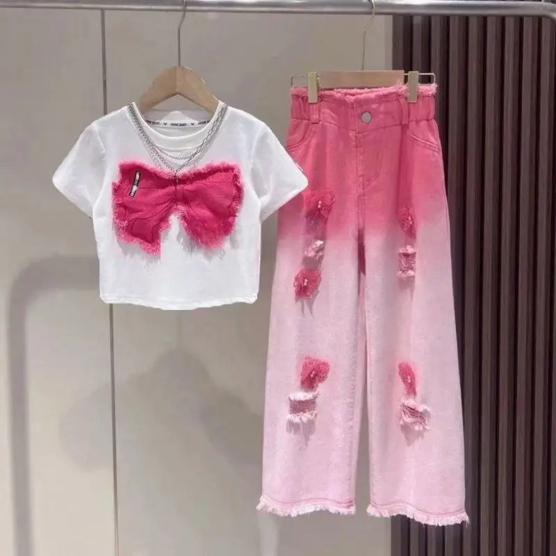 Girls' Summer short sleeved set Children's Fashion bow design T-shirt&ripped Jeans two-piece outfit Kids Clothing