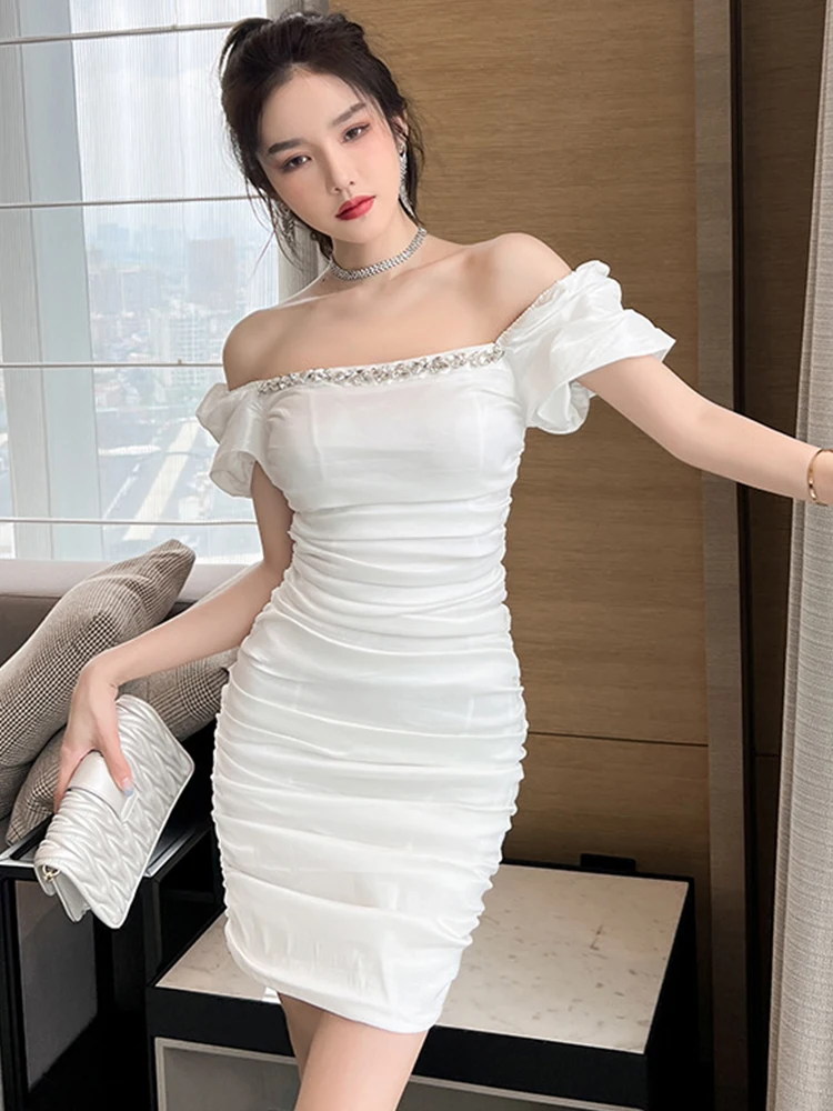 Summer Women's Mini Dress Vintage Elegant Black White Shiny Diamond Puff Sleeve Pleated Bodycon Gown Femme Evening Party Vestido