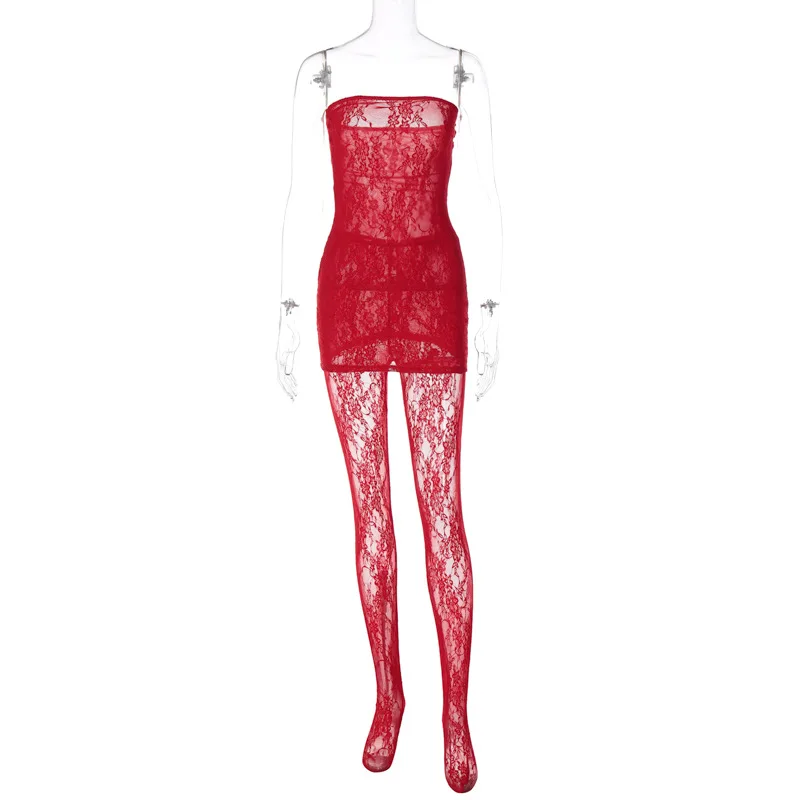 See Through Lace Two Piece Set Women Sexy Strapless Bodycon Mini Dress + Stockings Club Party Costume Suits Night Sleepwear