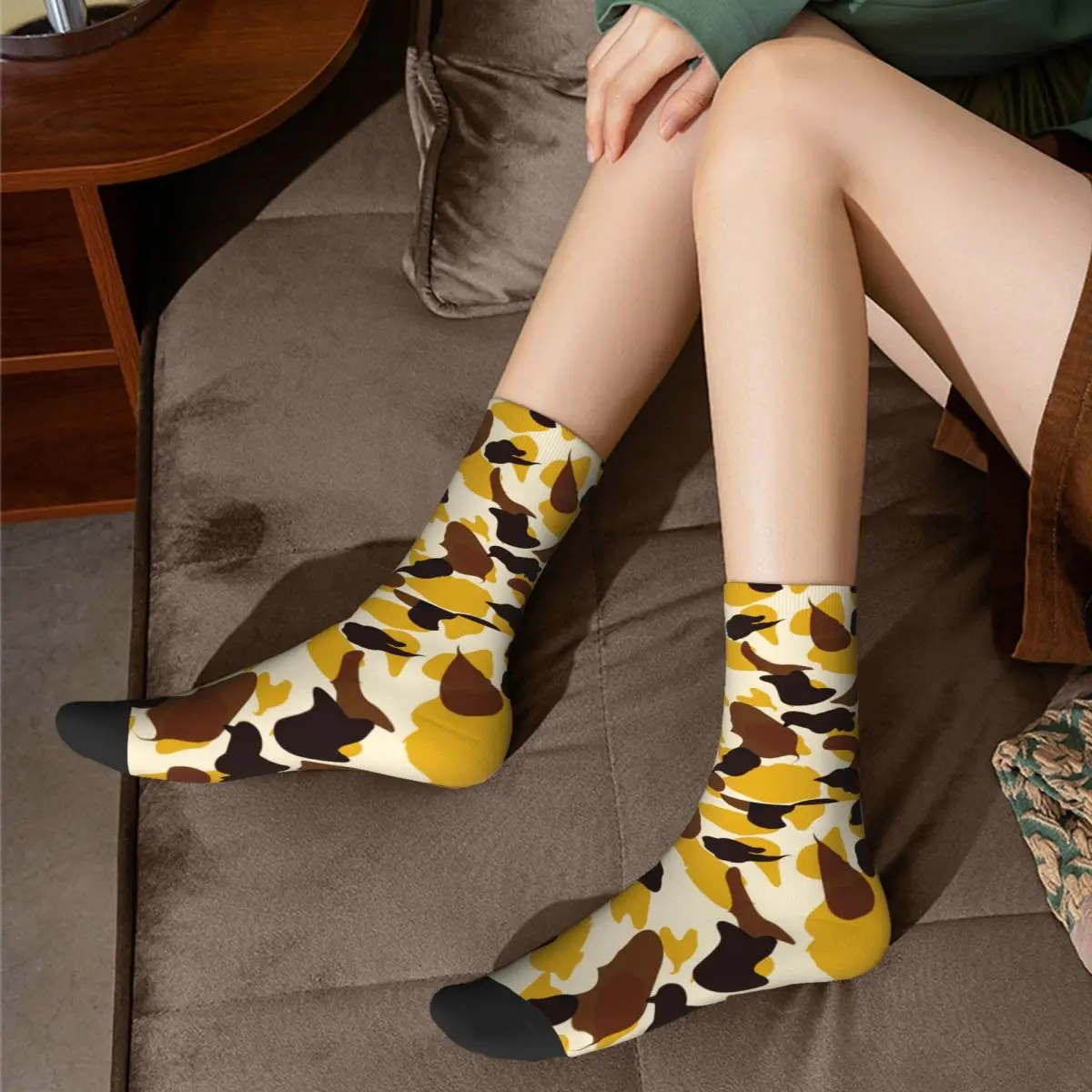 Male Camouflage Yellow Socks Comfortable Casual Socks Novelty Merch Middle TubeCrew Socks Birthday Present