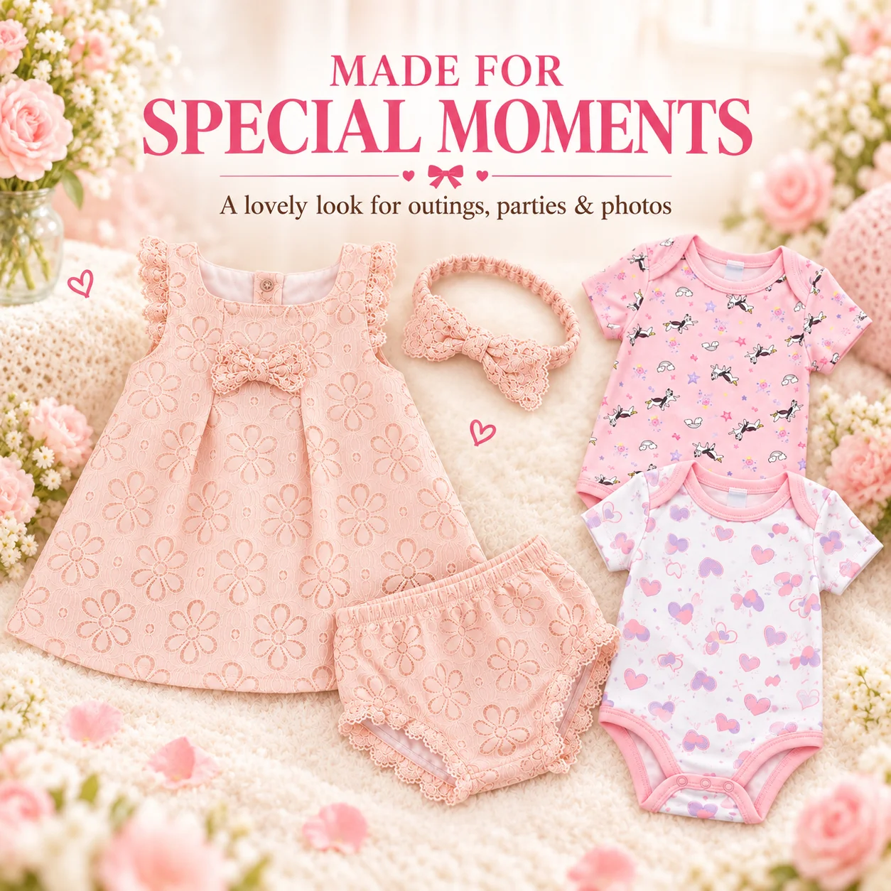 8Pcs Baby Girl Clothes Set Short Sleeve Bodysuits ＆ Floral Lace Dress Set with Bloomers and Bow Headband 6-12M