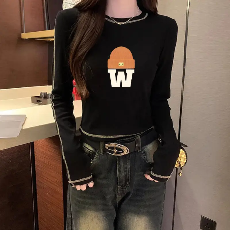 Spring Autumn Letter Geometry Printing Long Sleeve Pullover Women's Spring Autumn T-shirt Round Neck Streetwear All-match Tops image 4