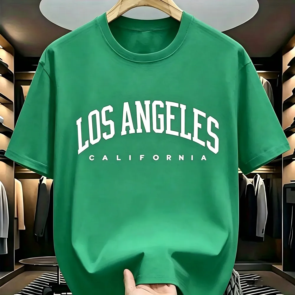 New men's summer minimalist Los Angeles letter print micro elastic breathable round neck T-shirt outdoor casual top