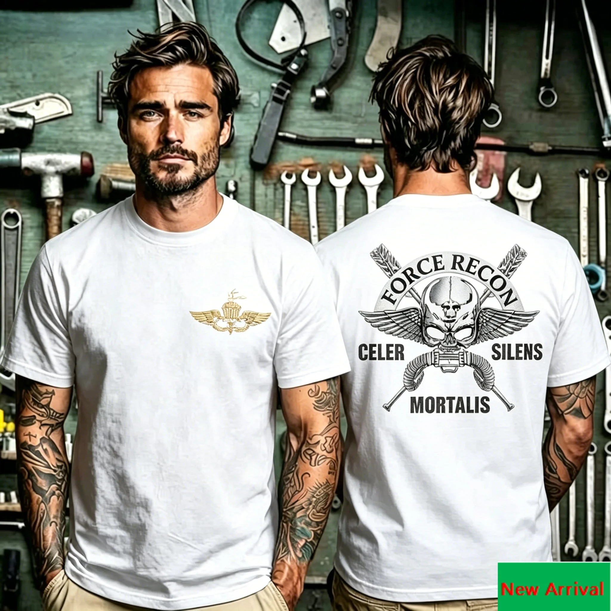 Force Recon Winged Skull with Latin Words Front Back Graphic Print T Shirt, Retro Marine Tactical Design Unisex T Shirt