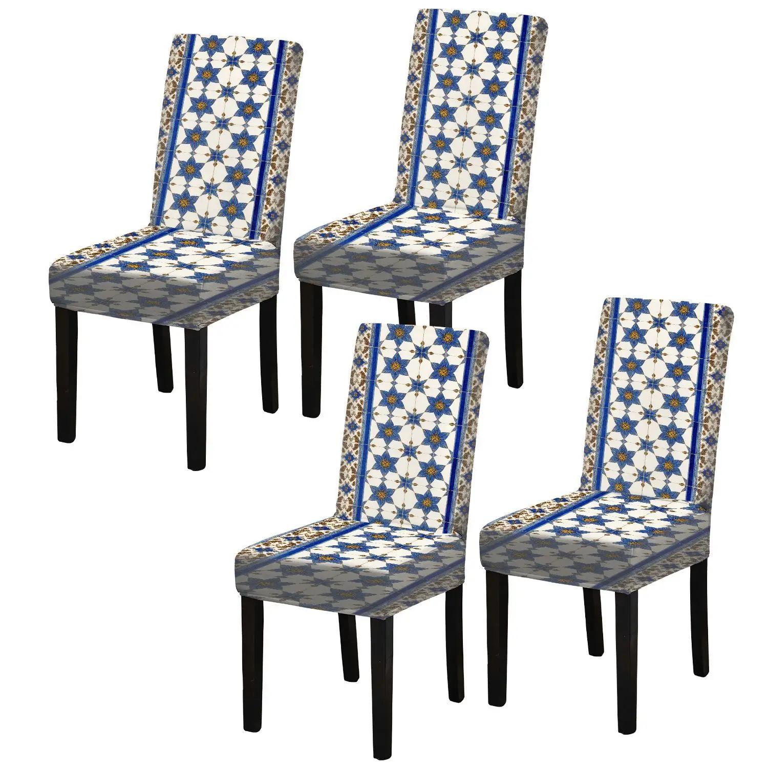Elastic dining chair cover, geometric ceramic decorative pattern, removable and washable household dining chair cover