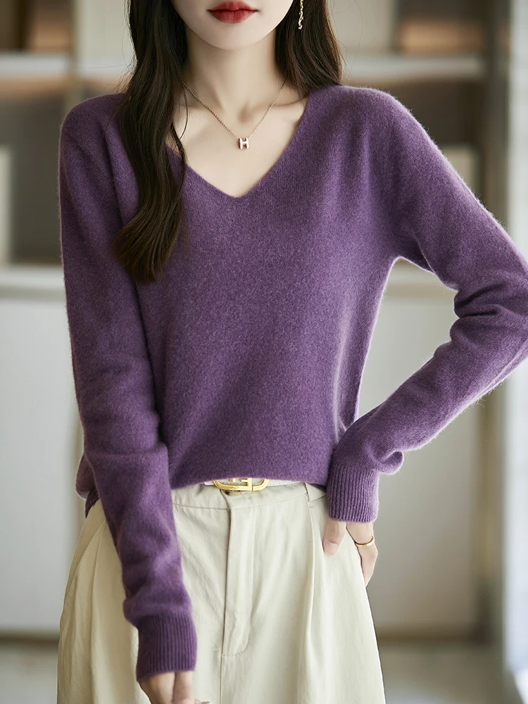 2024 Autumn Winter Women Sweater Sales Long Sleeve Merino Wool Knitted Pullover V-Neck Solid Basics Office Lady Clothing Tops