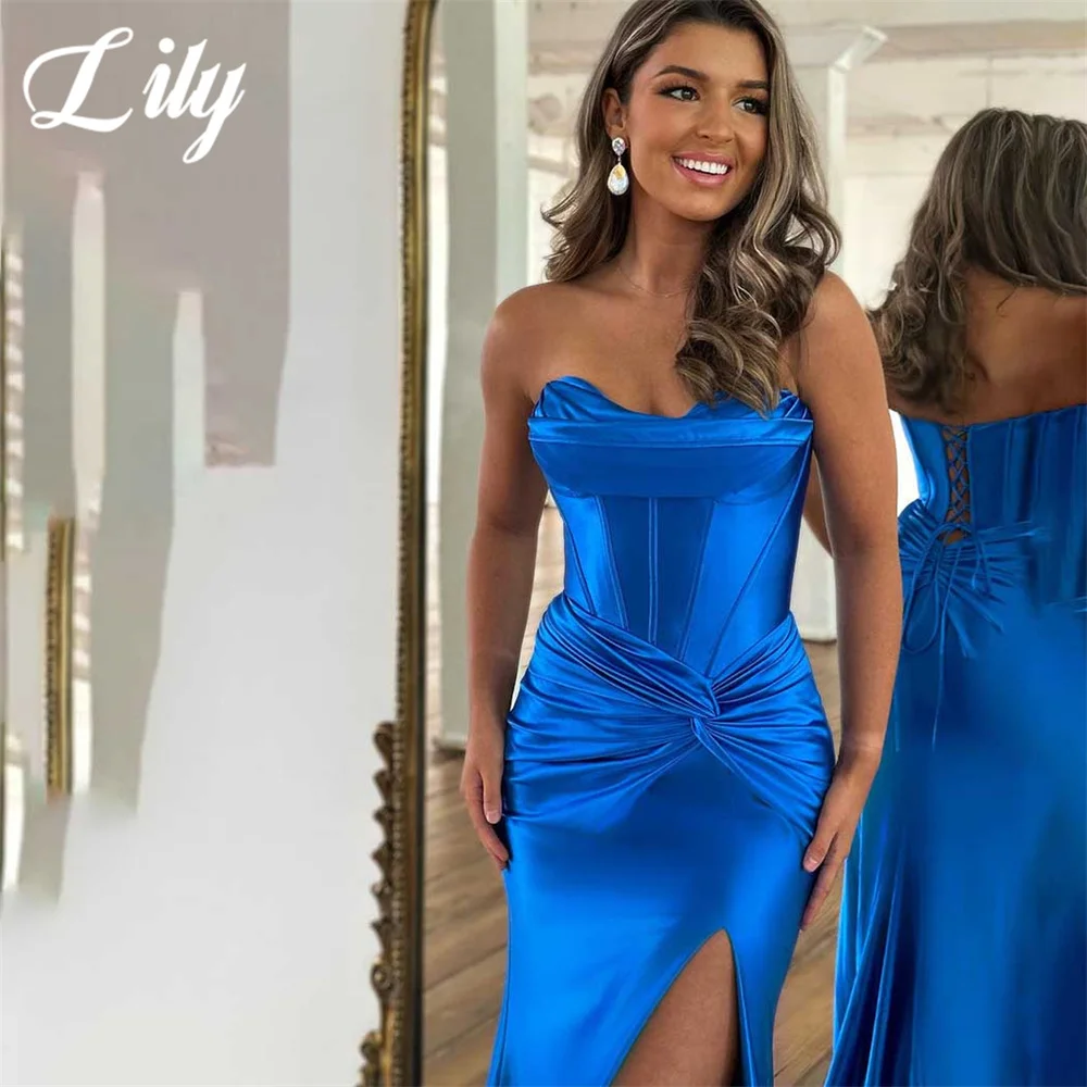 Lily Blue Chic Woman Evening Dress Gown Mermaid Sleeveless Split Sweetheart Night Dress Gown with Pleats Satin robes de soirée