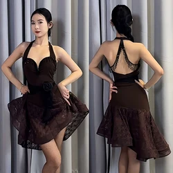 New Latin Dance Performance Clothes Female Adult Brown Tops Lace Skirt Adult Latin Competition Dress Club Party Wear DNV19263