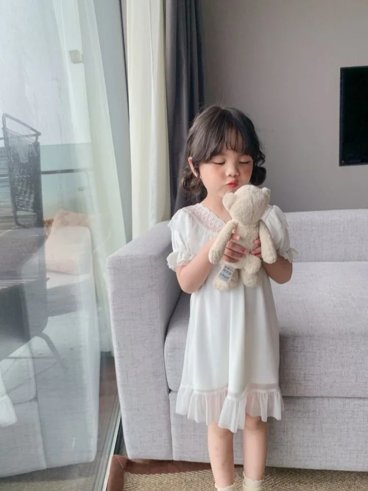 Girls 2026 Summer New Lightweight Ice Silk Breathable Cooling Nightdress Princess Cotton Pajamas Homewear