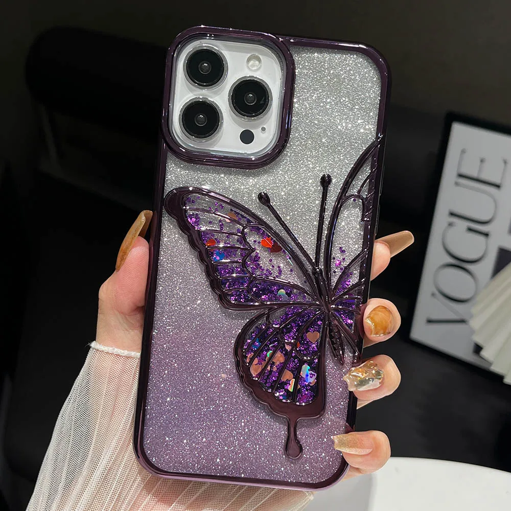 Aestheticism Bling Glitter Butterfly 3D Quicksand Gradient Phone Case For iPhone 15 14 13 12 11 Pro Max Plating Shockproof Cover