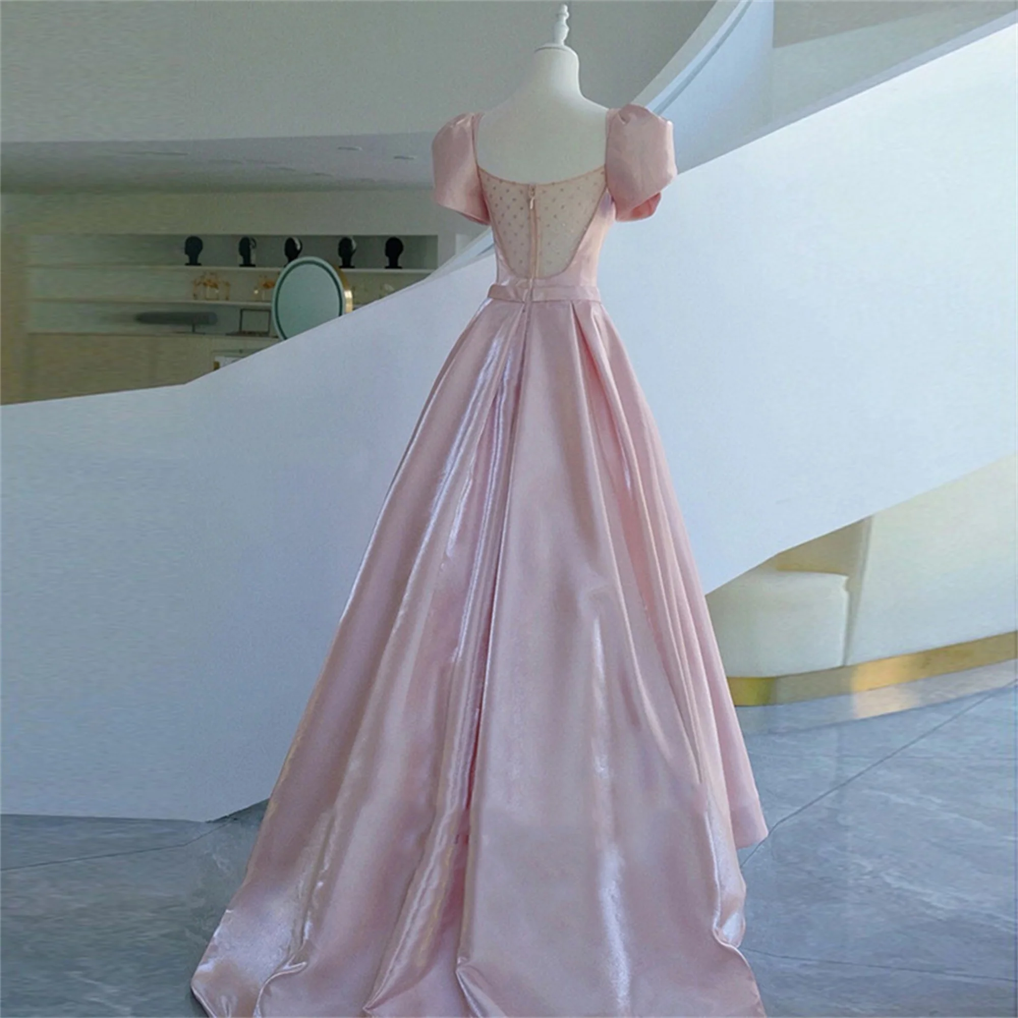 JEHETH Pink Bow Backless 15 Quinceanera Dresses Satin A line Small Train Princess Ball Gown Fashion Simple Vestido De Fiesta
