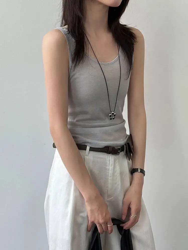 Women Gray Thin Brief Elegant Tank Tops New Round Neck Sleeveless Personality Fashion Tide Spring Summer