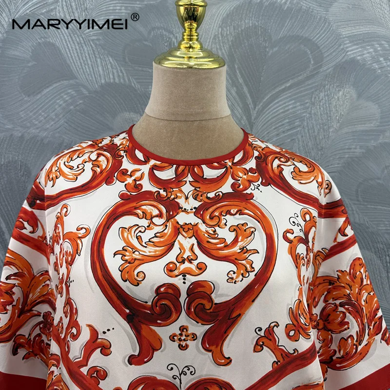 MARYYIMEI 2026 Autumn Fashion Women's New Casual Printed Loose Top Round Neck Short Sleeve Silk Simple Top