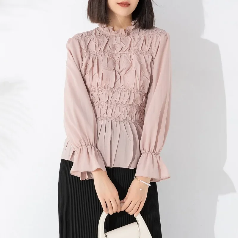 

Miyake Pleated Half High Collar Underlay Shirt for Women 2024 Autumn New Women's Fashion Style Flare Sleeve Heavy Work Top