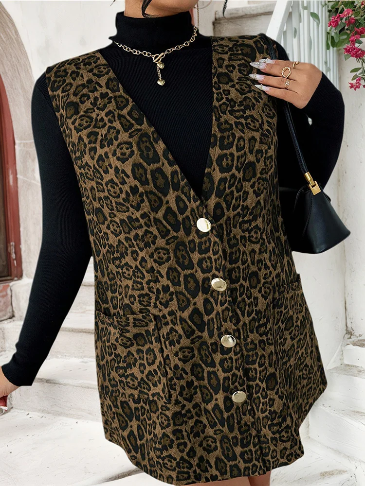 GIBSIE Plus Size Leopard Print Sleeveless Vest Dress Women 2025 Fashion V-Neck Single Breasted Loose Casual Autumn Short Dress