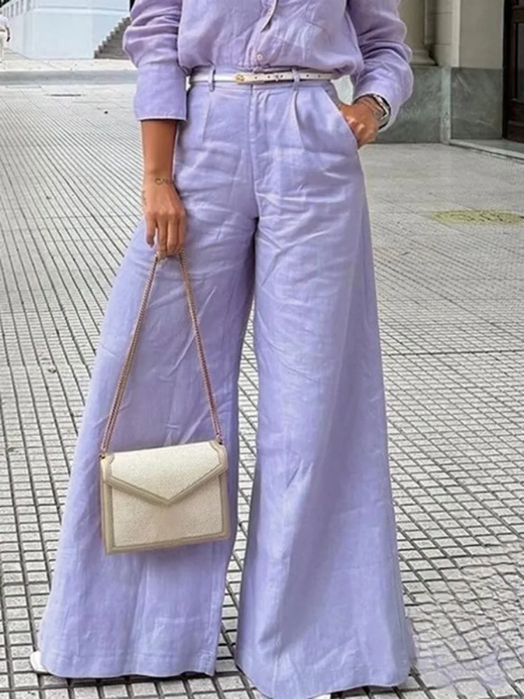 

Women's Solid Color Cotton Linen High Waist Wide Leg Pants 2025 Stylish Minimalist Casual Streetwear Trousers Matching Bottoms
