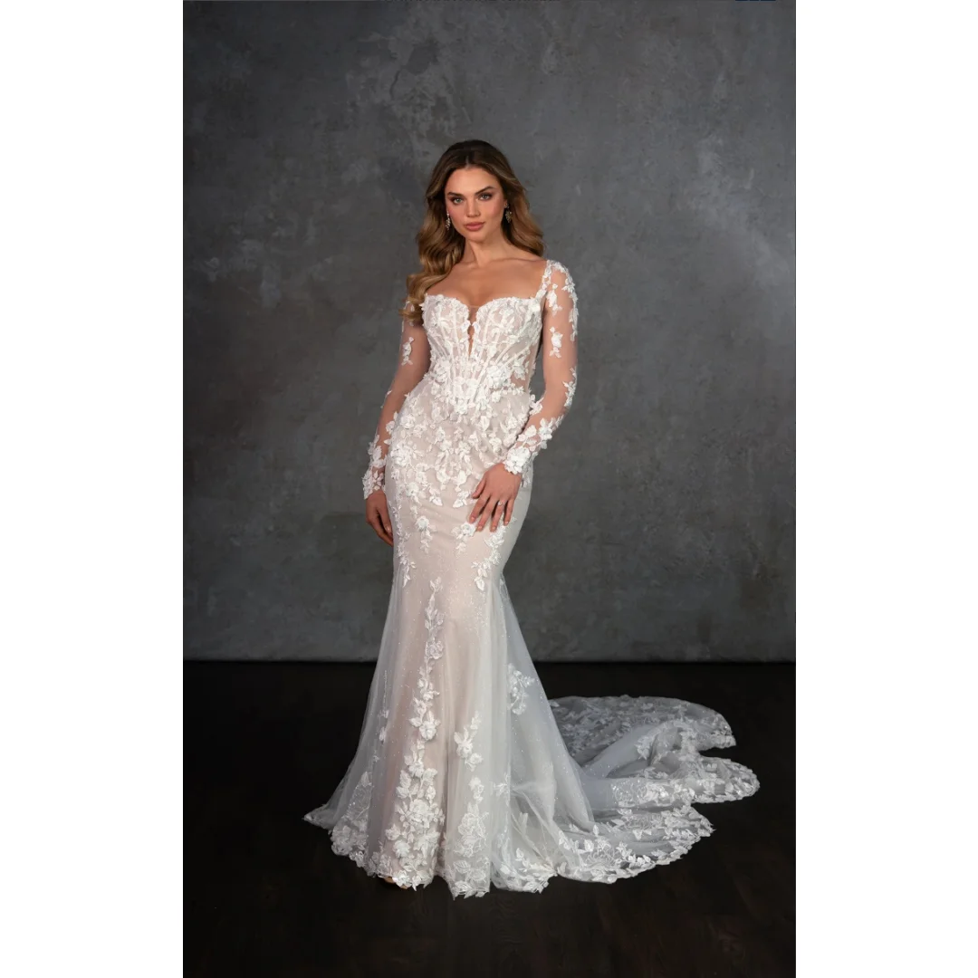 Custom Sweetheart Long Sleeve Mermaid Wedding Dress Sheer Back 3D Floral Glitter Tulle Lace Bridal Gown With Chapel Train
