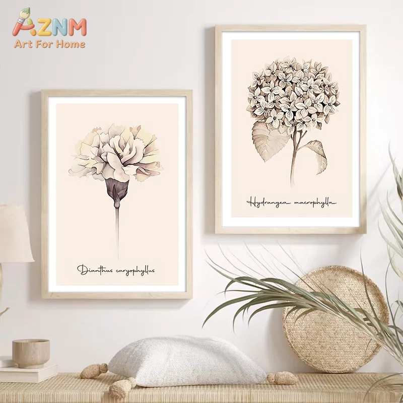 AZNM Neutral Beige Floral Canvas Wall Art Vintage Hydrangea Carnation Botanical Print Frameless Canvas Painting Bedroom Decor Po