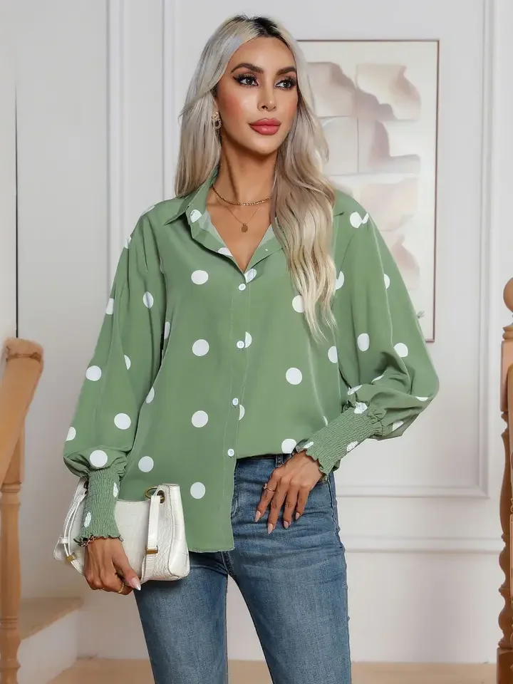Green Shirt Women Vintage Polka Dot Print Blouse Female Spring Lantern Sleeve Tops Ladies Elegant Casual Single Breasted Blusas