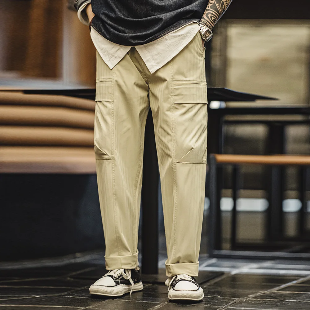 Maden Men's Vintage Multi-pocket Casual Cargo Pants Vibe Herringbone Long Pants Straight Leg Loose Trousers for Spring Autumn