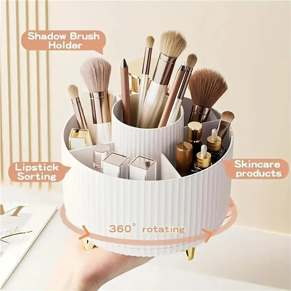 1PC 360° Rotating Makeup Organizer Multi-Functional Plastic Cosmetic Storage with 5 Compartments Brush Holder for Desktop