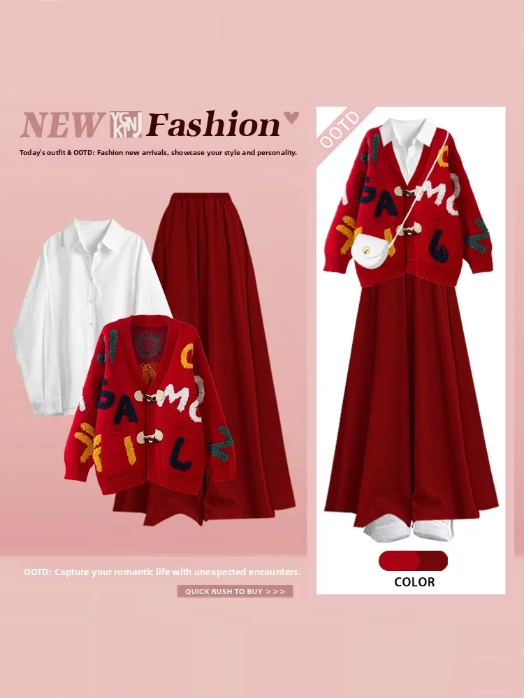 

Красный повседневный уютный свитер-кардиган, белая рубашка, широкие брюки, комплект из трех предметов, женский осенне-зимний модный комплект премиум-класса