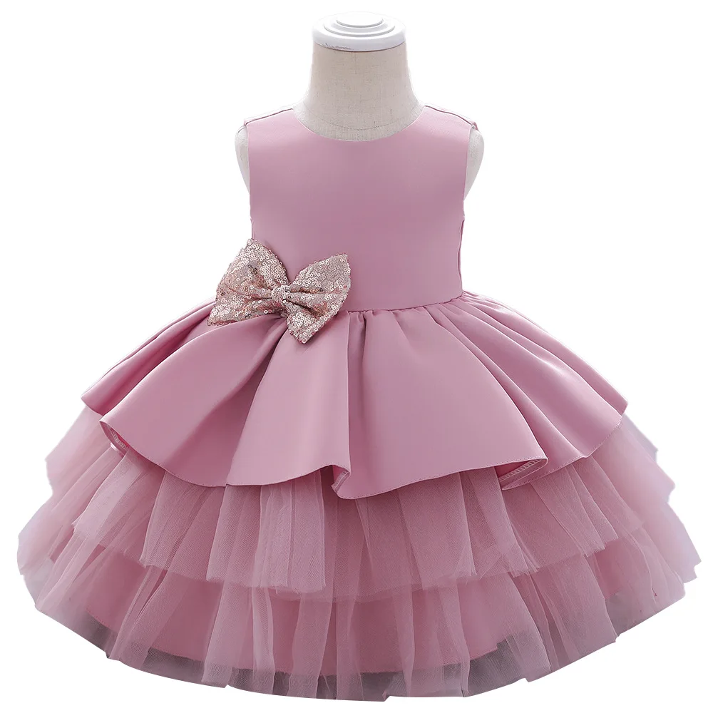 Beadings Girls Mesh Dress 2024 Summer New Female Baby Birthday Party Dresses Golden Color Bow Lace Princess Dress 2-10T