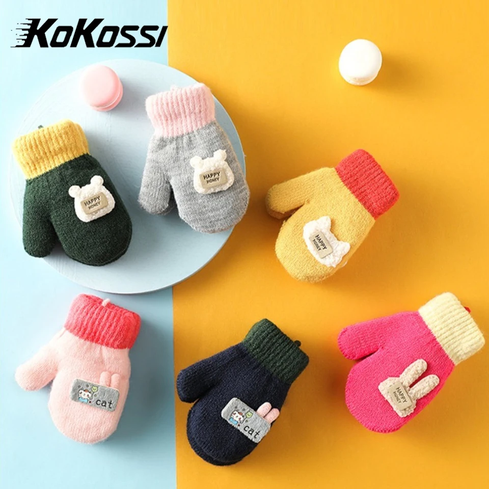 KoKossi Winter 1-3 Years Old Baby Gloves Children's Gloves Double-Layer Fleece Thicken Warm Cute Cartoon Fingerless Infant