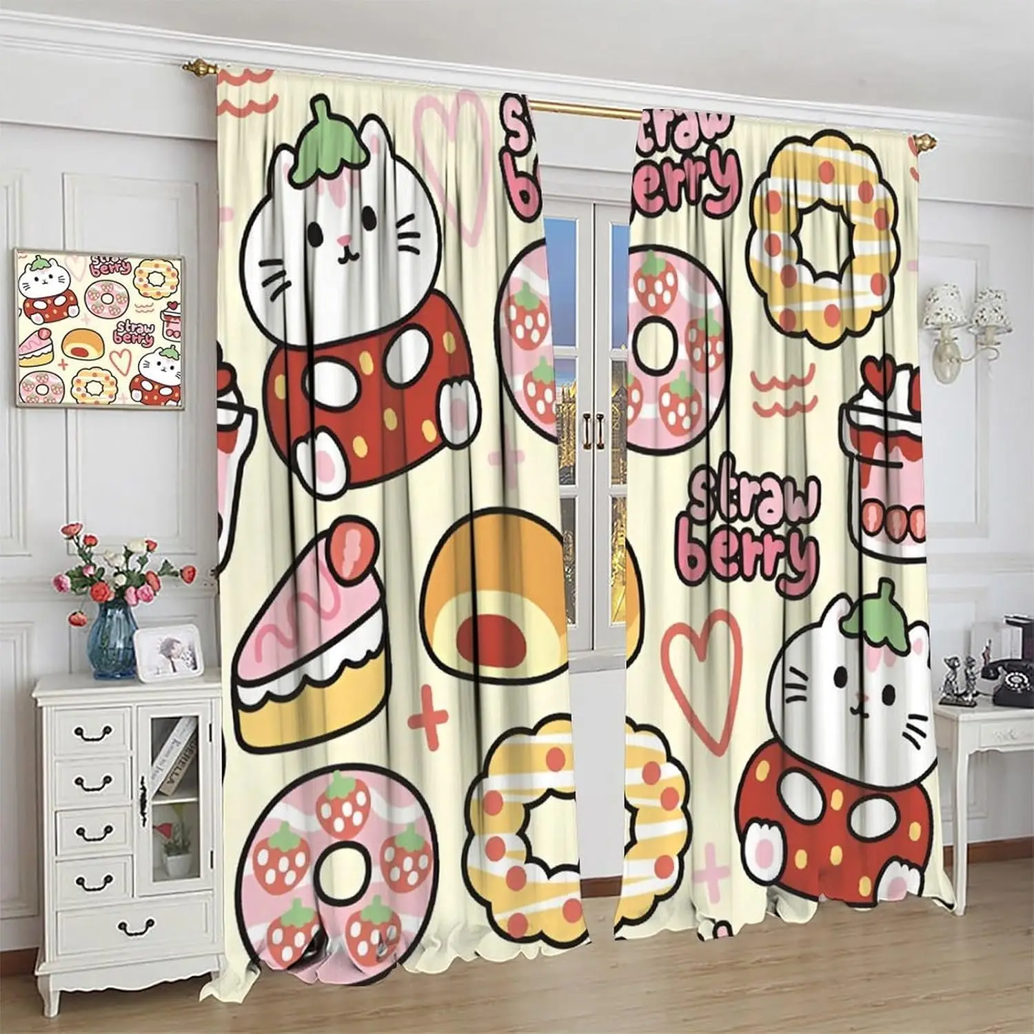 Cute Cat Curtains for Girls, Cartoon Pink Strawberry Cake Donut Kawaii Pet Animal Window Drapes for Kids Bedroom Livingroom