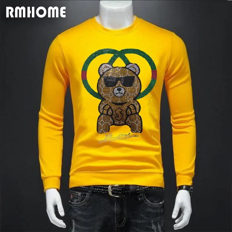 Men\'s Casual Sweater Rhinestone Bear Design High-quality Male Hoodies Warm Fashionable Top Daily Party Man Pullover Clothing 4XL