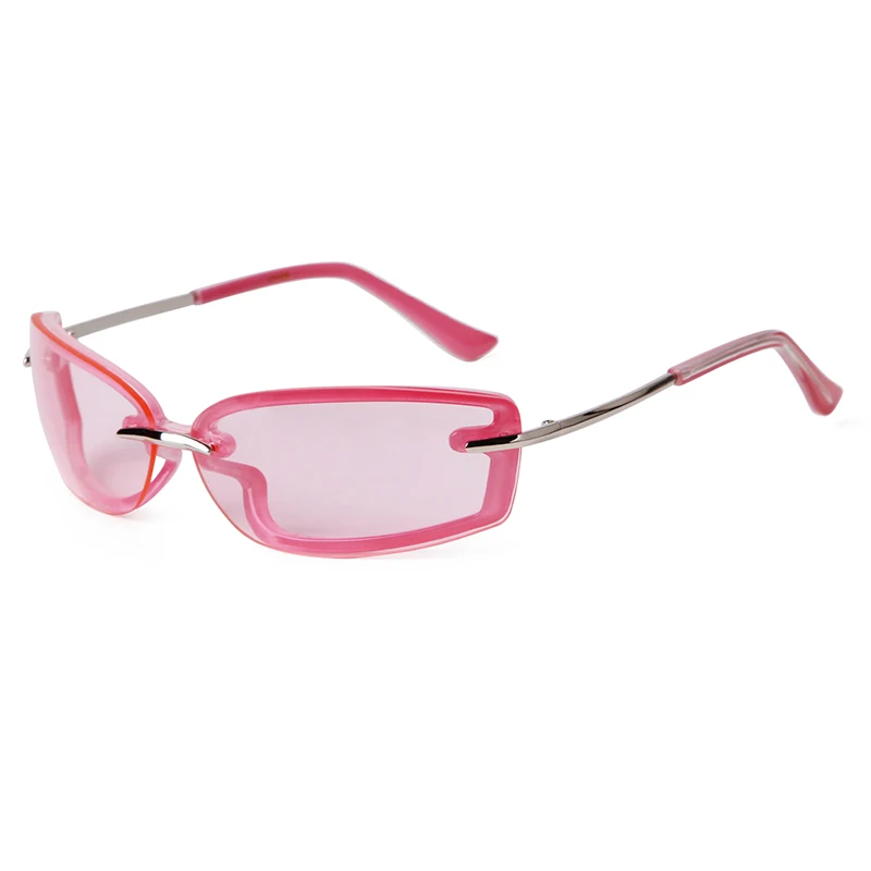 Trend Green Rimless Rectangle Sunglasses Women Men Brand Design 2024 Luxury Goggle Y2K Pink Yellow Lens Sun Glasses UV400 Female