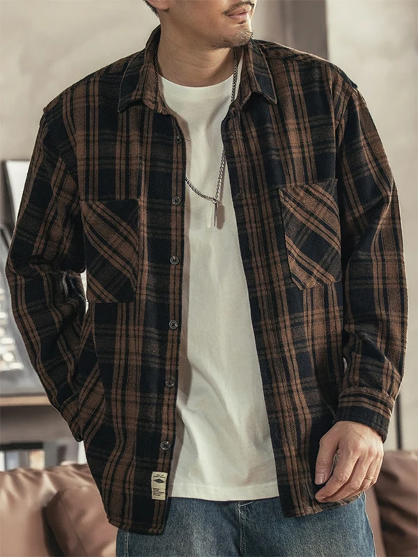 

American High-End Plaid Shirt Men Pure Cotton Long Sleeve Loose Retro Casual Top Coat Men Breathable Skin-Friendly Thickened