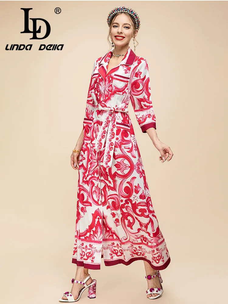 LD LINDA DELLA Summer New Style Runway Designer Dress Women's Lapel Single-breasted Belt Print Loose Party Long Dress