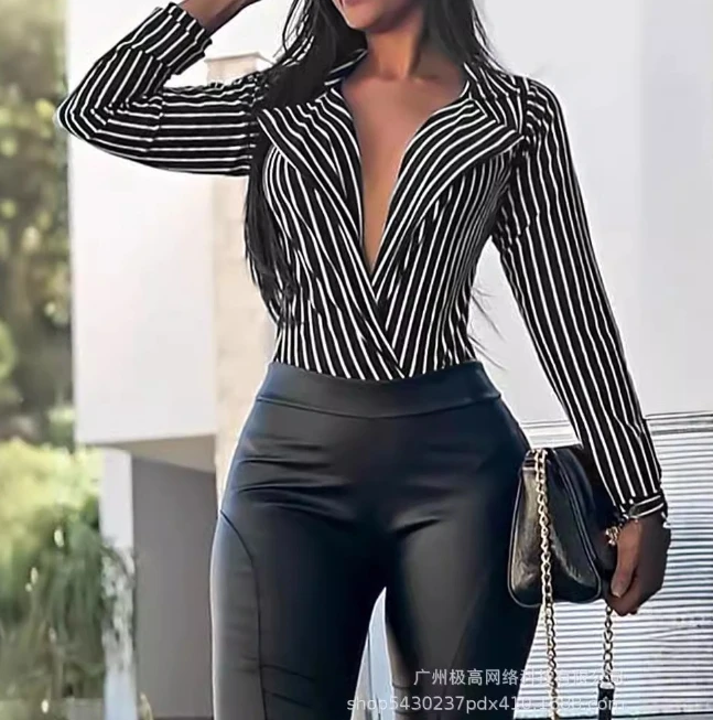 

2024 New V-Neck Striped Shirt Fashion Summer Popular Women's Clothing Temperament Commuting Sexy Top