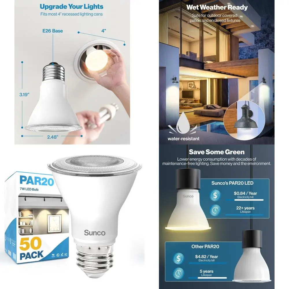 

Набор из 50 светодиодных ламп PAR20 7 Вт, 500 люмен, теплый белый свет, с регулировкой яркости, подходят для внутреннего/наружного трекового освещения, влагозащищенные.