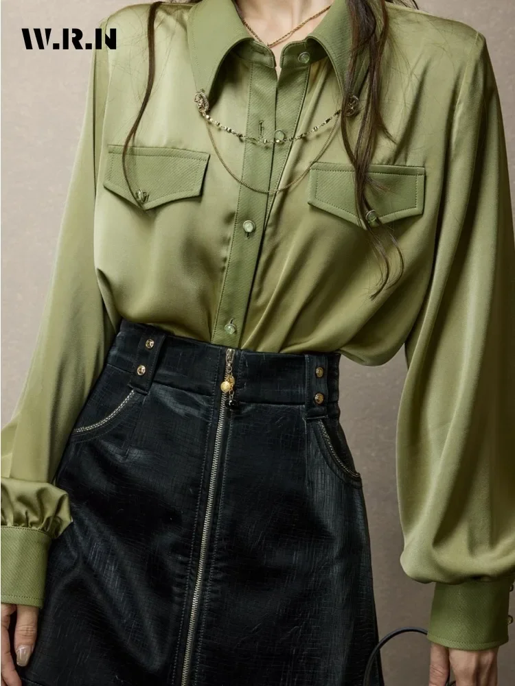 Casual zielone miękkie eleganckie koszule z długim rękawem i kołnierzykiem 2024, wiosenne, damskie, klasyczne, biurowe, damskie bluzki w jednolitym kolorze
